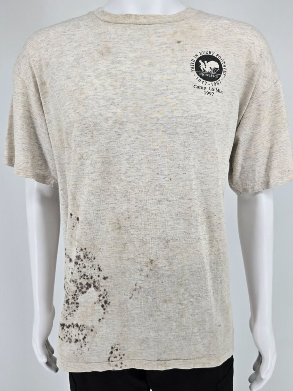 Vintage 1997 Mormon Camp Lo-Mia Pioneers "Faith in Every Footstep" T-Shirt (XL)
